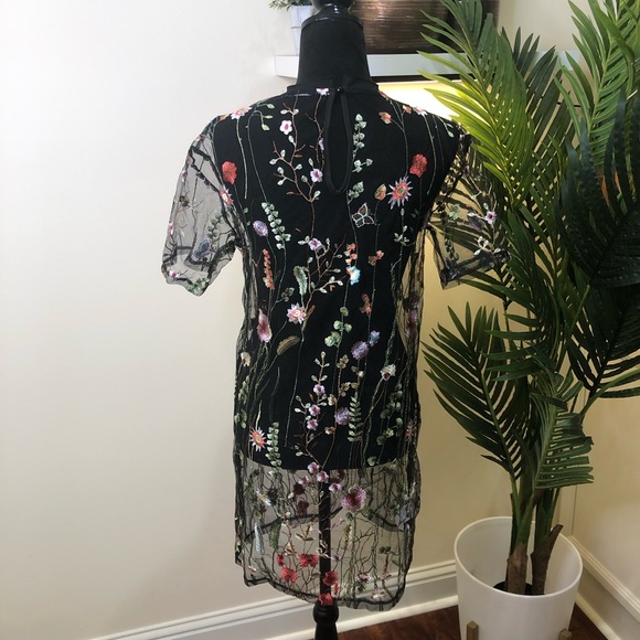 Boohoo Floral Embroidered Lace Black Mock Dress/ Swimsuit Cover Tall 6 - Picture 8 of 10